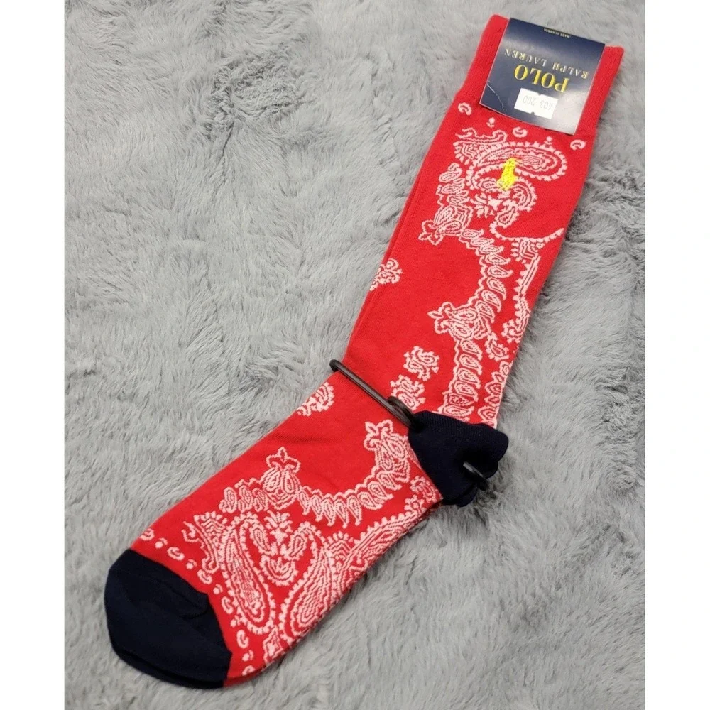 Polo Ralph Lauren Socks Mens 10-13 Red Paisley Pony Mid Calf Crew Cotton